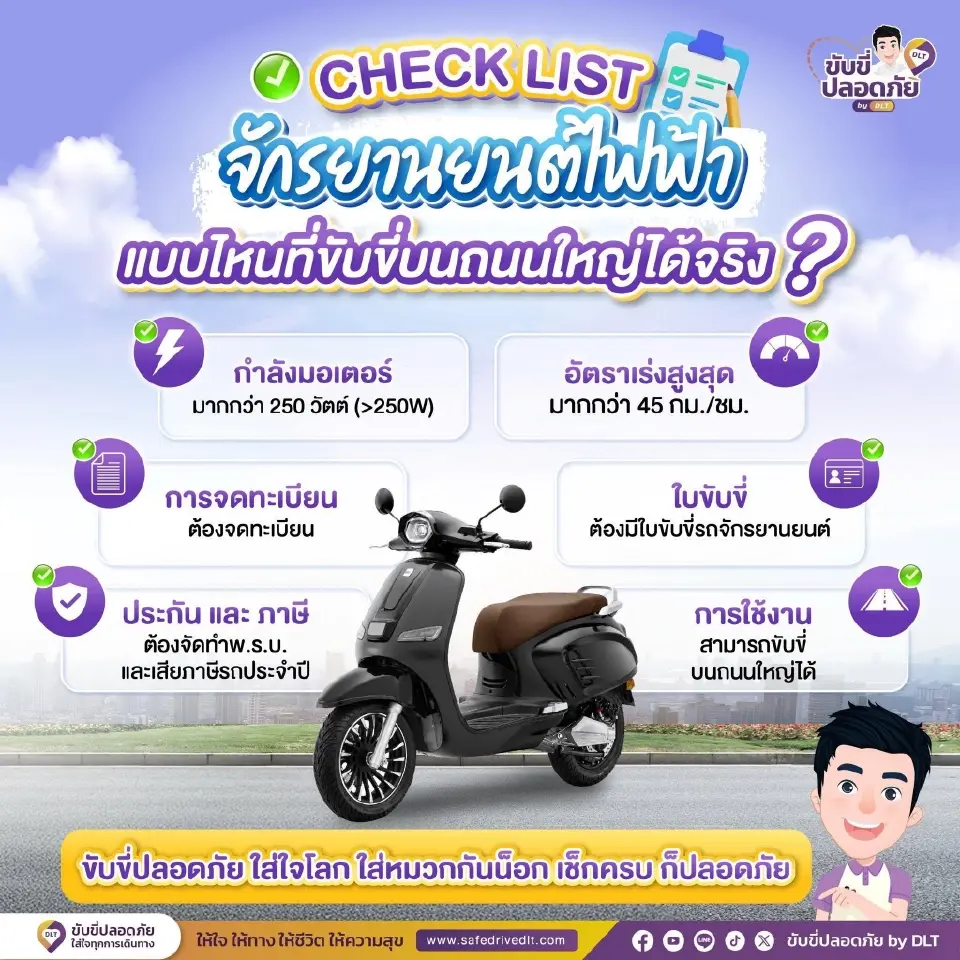 กรมการขนส่งทางบก แนะข้อควรรู้ มอเตอร์ไซค์ไฟฟ้าแบบไหนที่ขี่บนถนนใหญ่ได้