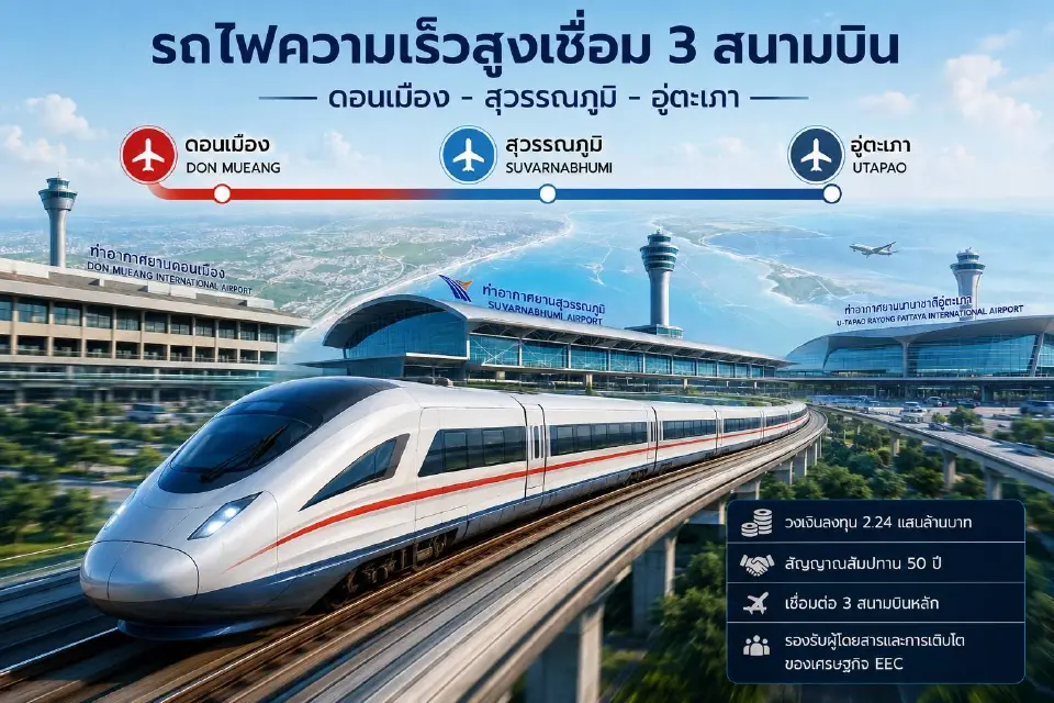 ภาพจำลองโครงการรถไฟความเร็วสูงเชื่อม 3 สนามบิน (ดอนเมือง-สุวรรณภูมิ-อู่ตะเภา) หรือ ไฮสปีดเชื่อม 3 สนามบิน ระยะทาง 220 กม.  มูลค่ากว่า 2.24 แสนล้านบาท 