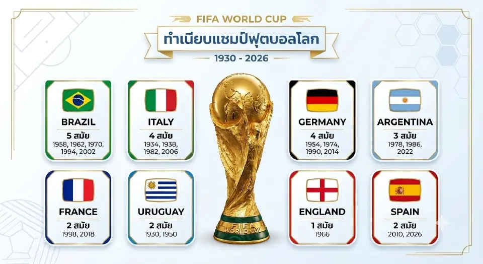 ทำเนียบแชมป์โลก ฟุตบอลโลก FIFA World Cup ตั้งแต่ปี 1930 -2026