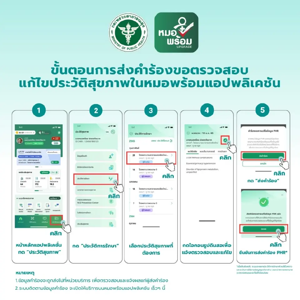 5 ขั้นตอนส่งคำร้องขอตรวจสอบและแก้ไขประวัติสุขภาพในแอป "หมอพร้อม"