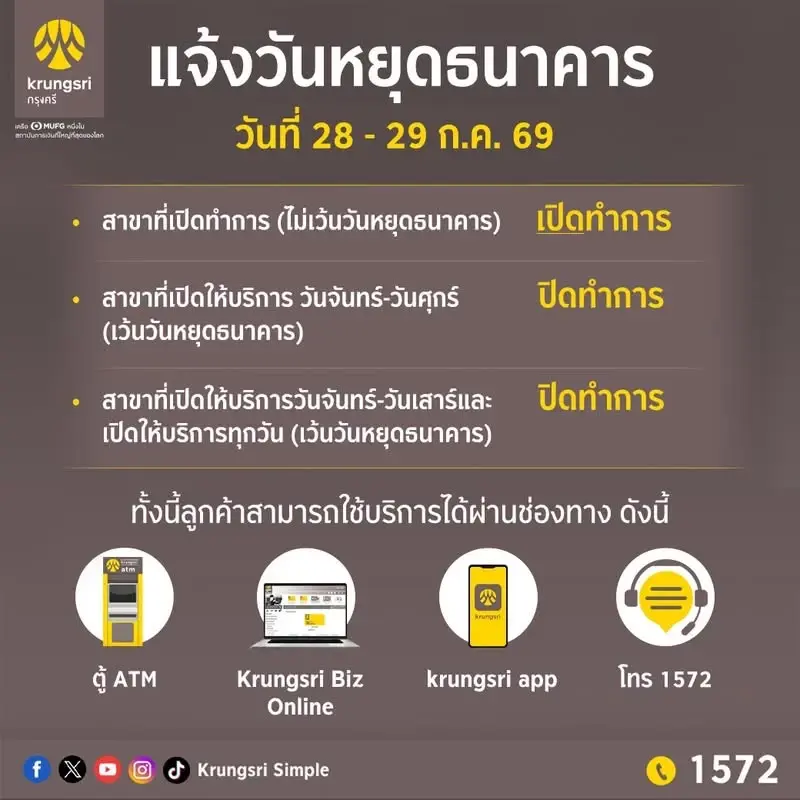 ธนาคารกรุงศรีอยุธยา แจ้งวันหยุดเดือนกรกฏาคม 2569