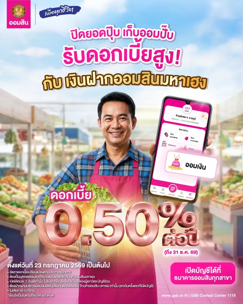 ออมสินเปิดตัว ‘เงินฝากมหาเฮง’ ดอกเบี้ยสูง 0.50% หนุนพ่อค้าแม่ค้าออม