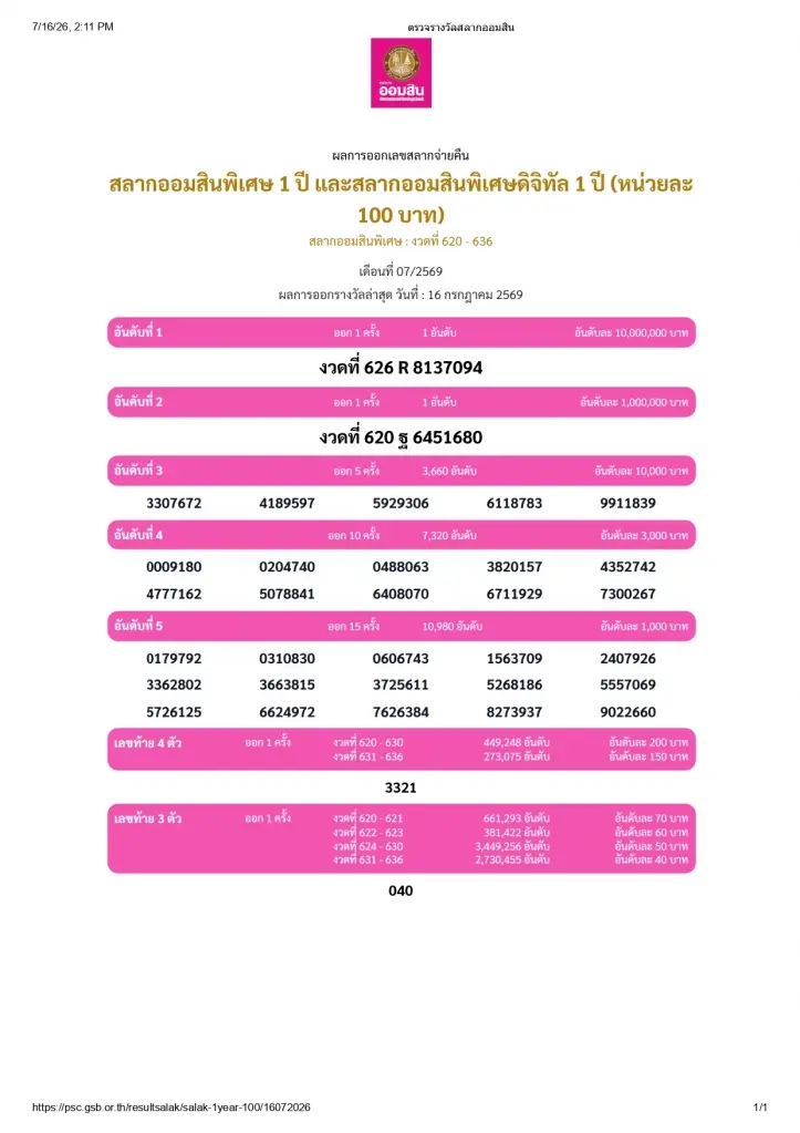 ตรวจหวย สลากออมสินพิเศษ 1 ปี และสลากออมสินพิเศษดิจิทัล 1 ปี งวดประจำวันที่ 16 กรกฎาคม 2569