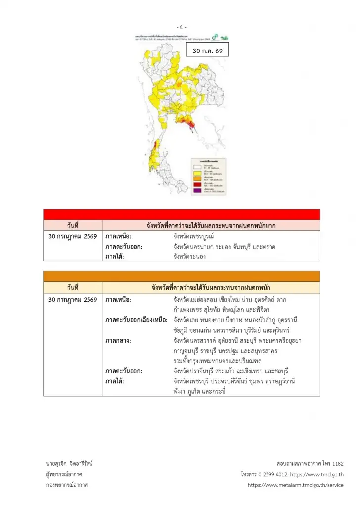 รายชื่อพื้นที่เสี่ยงภัยฝนตกหนัก -ฝนตกหนักมาก วันที่ 28 -30 กรกฎาคม พ.ศ. 2569