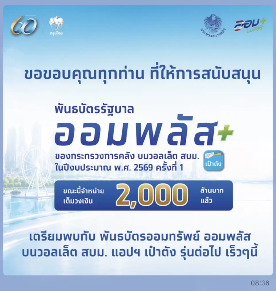 อัปเดตล่าสุด"พันธบัตรออมพลัส" บนวอลเล็ต สบม.แอปเป๋าตัง จำหน่ายเต็มวงเงิน 2,000 ล้าน
