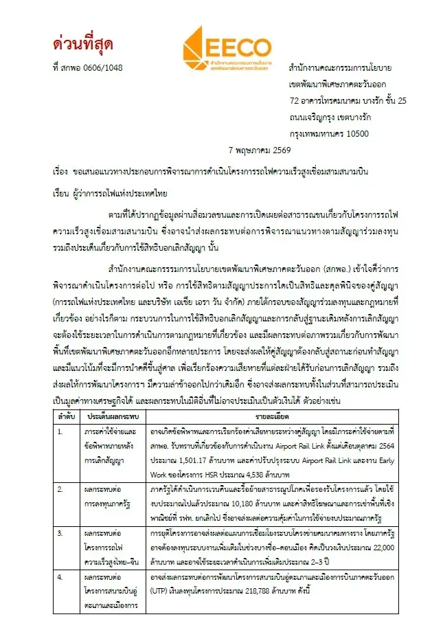 หนังสือด่วนที่สุด ลงวันที่ 7 พฤษภาคม 2569 เรื่อง "ขอเสนอแนวทางประกอบการพิจารณาการดำเนินโครงการรถไฟความเร็วสูงเชื่อมสามสนามบิน" ที่สำนักงานคณะกรรมการนโยบายเขตพัฒนาพิเศษภาคตะวันออก (สกพอ.) ได้ทำ ถึงผู้ว่าการรถไฟแห่งประเทศไทย (รฟท.) 