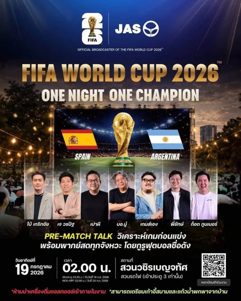ดูบอลสดฟรี จอยักษ์ ในงาน “FIFA WORLD CUP 2026™ ONE NIGHT ONE CHAMPION” ณ สวนวชิรเบญจทัศ หรือ สวนรถไฟ