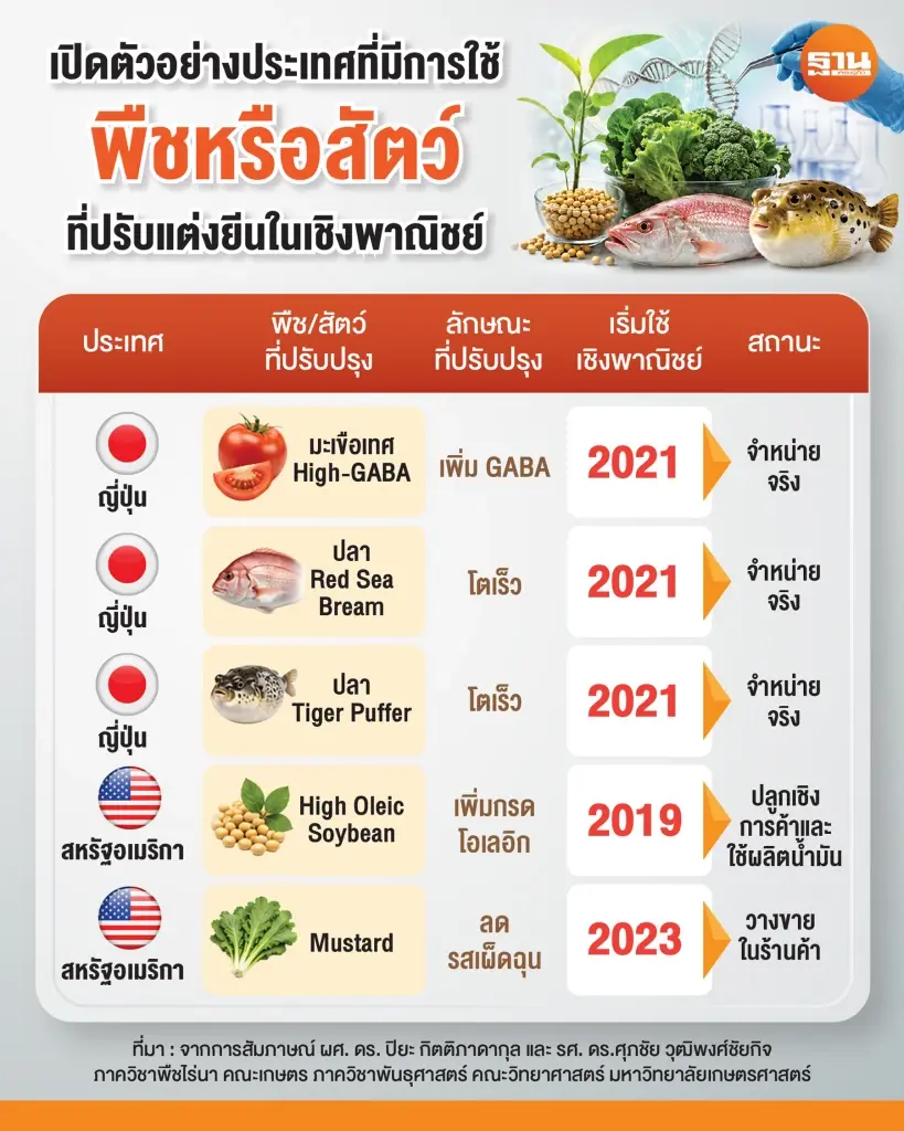 ตัวอย่าง พืชและสัตว์ ที่มีการปรับแต่งยีนในเชิงพาณิชย์