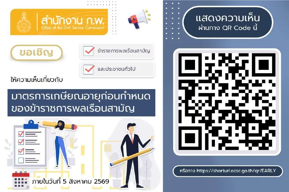 สำนักงาน ก.พ.เปิดให้แสดงความเห็นต่อมาตรการ Early Retire หรือ เกษียณอายุก่อนกำหนดของข้าราชการพลเรือนสามัญ 