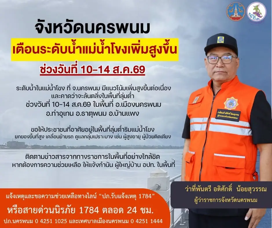 ผู้ว่าราชการจังหวัดนครพนม ได้ออกมาเตือนระดับน้ำแม่น้ำโขง จ.นครพนม มีแนวโน้มเพิ่มสูงขึ้นต่อเนื่อง