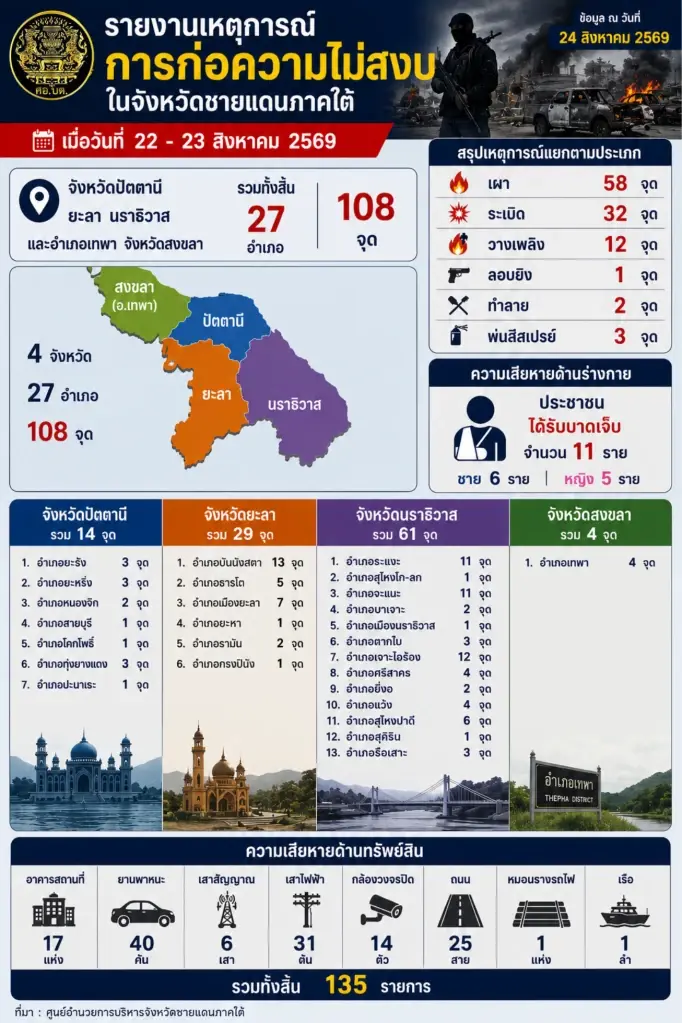 สรุป รายงานเหตุการณ์ การก่อความสงบในจังหวัดชายแดนภาคใต้ 22-23 สิงหาคม 2569