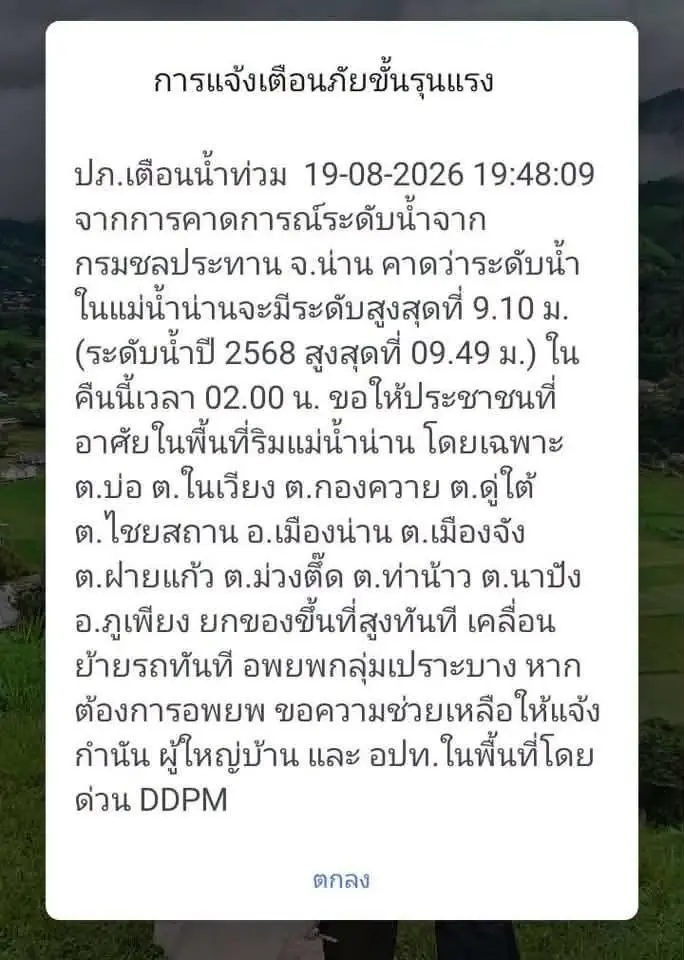  แจ้งเตือนน้ำท่วม ในพื้นที่ ต.บ่อ ต.ในเวียง ต.กองควาย ต.ดู่ใต้ ต.ไชยสถาน อ.เมืองน่าน ต.เมืองจัง ต.ฝายแก้ว ต.ม่วงตึ๊ด ต.ท่าน้าว ต.นาปัง อ.ภูเพียง จ.น่าน
