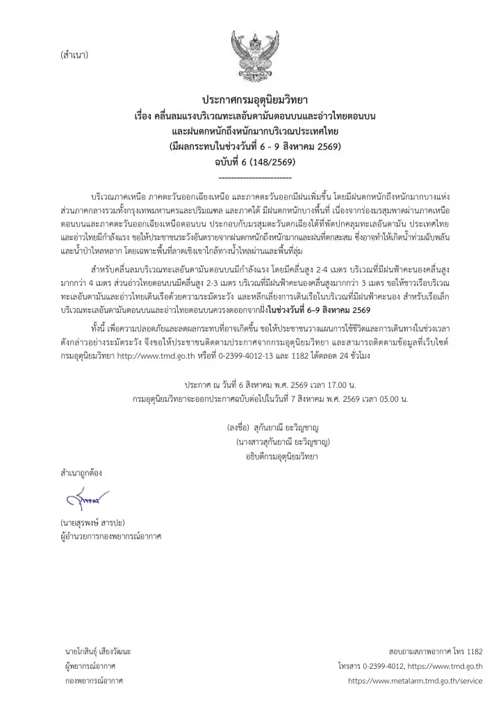 กรมอุตุนิยมวิทยา ออกประกาศฉบับ 6 เตือน 34 จังหวัดทั่วไทย พรุ่งนี้ รับมือฝนถล่ม