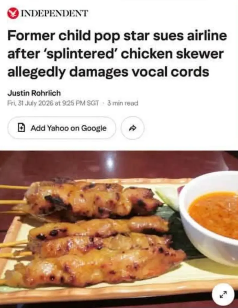 อดีตนักร้องเด็กไทยชื่อดัง ฟ้อง 'สิงคโปร์ แอร์ไลน์' หลังกินไก่สะเต๊ะ กลืนเศษไม้ตำคอ 