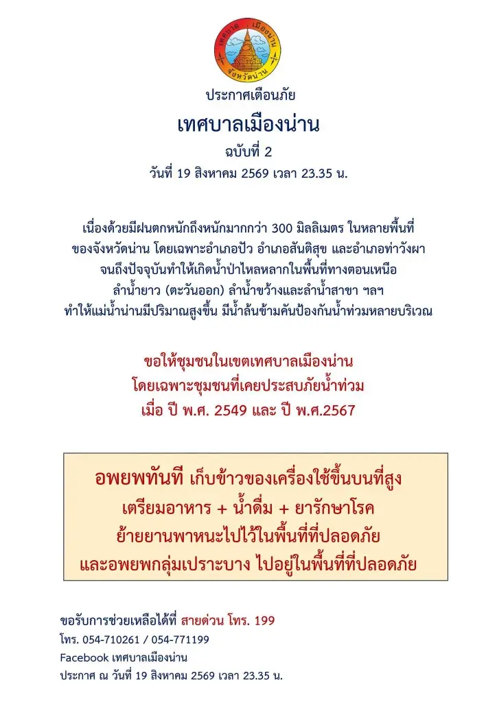 เทศบาลเมืองน่าน ออกประกาศเตือนภัย