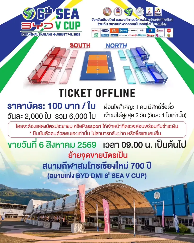  ด่วน ย้ายที่จำหน่ายบัตรเป็นที่สนามกีฬาสมโภชเชียงใหม่ 700 ปี ทาง OFFLINE BYD DMI 6th SEA V Cup 