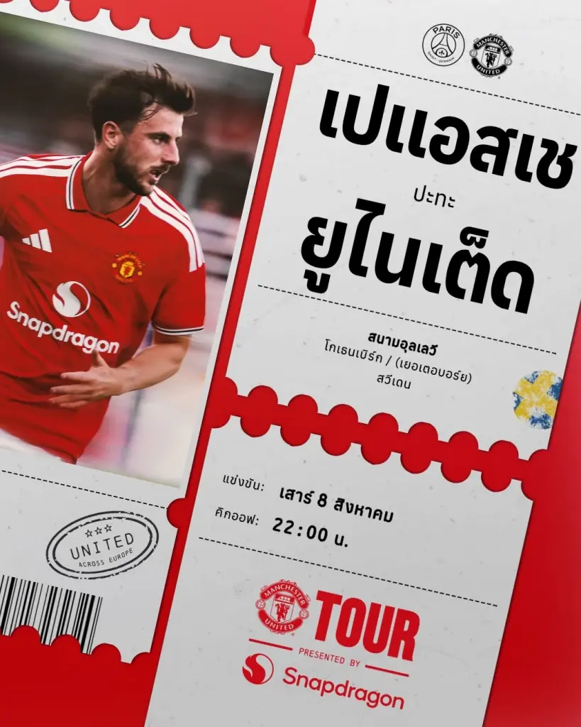 ถ่ายทอดสด 'เปแอสเช พบ แมนยู'ดูบอลสดช่อง MUTV - AIS PLAY เวลา 22.00 น. 