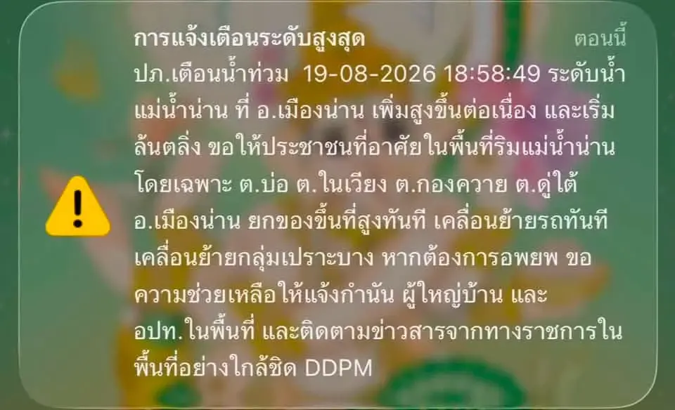  แจ้งเตือนน้ำท่วม ในพื้นที่ ต.บ่อ ต.ในเวียง ต.กองควาย ต.ดู่ใต้ อ.เมืองน่าน จ.น่าน