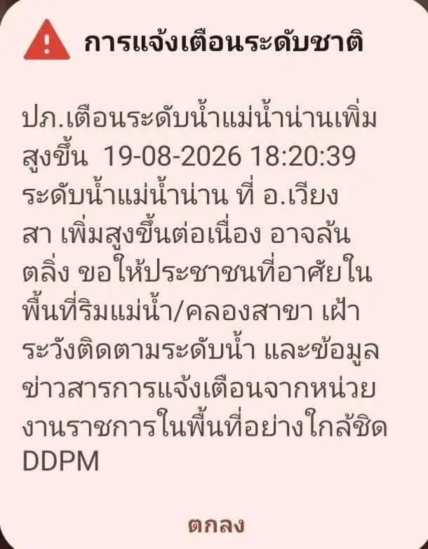 แจ้งเตือนระดับน้ำแม่น้ำน่านเพิ่มสูงขึ้น ในพื้นที่ อ.เวียงสา จ.น่าน