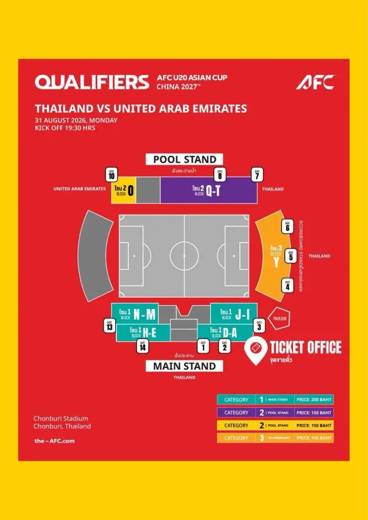 ผังที่นั่ง ทีมชาติไทย U20 สู้ศึกชิงแชมป์เอเชีย 2027 