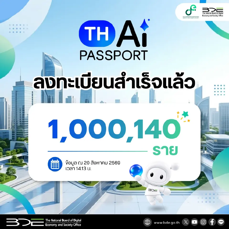 TH-AI Passport ยอดลงทะเบียนผ่านเว็บไซต์ de.aipass.net  ทะลุ 1 ล้าน ภายใน 2 วัน