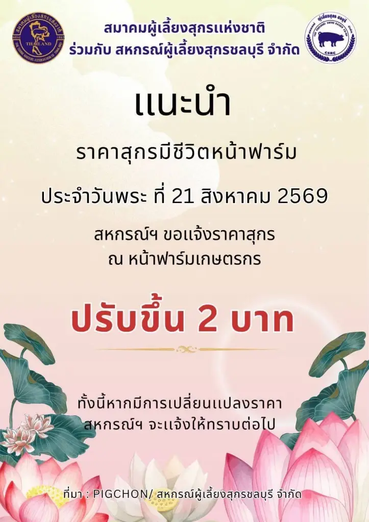 ประกาศราคาหมู ประจำวันพระที่ 21 สิงหาคม 2569  