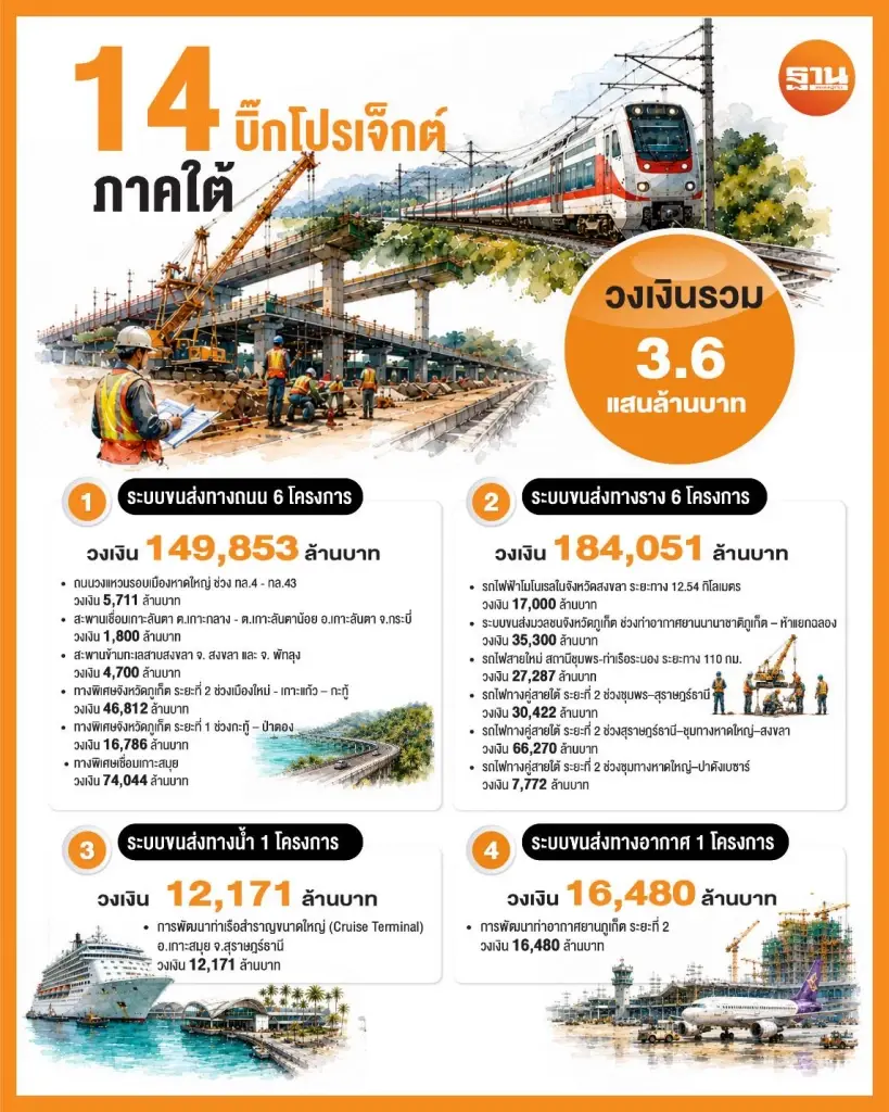 เช็กสถานะกระทรวงคมนาคม ปลุกบิ๊กโปรเจกต์ภาคใต้ ดัน14 โครงการ 3.6 แสนล้านบาท