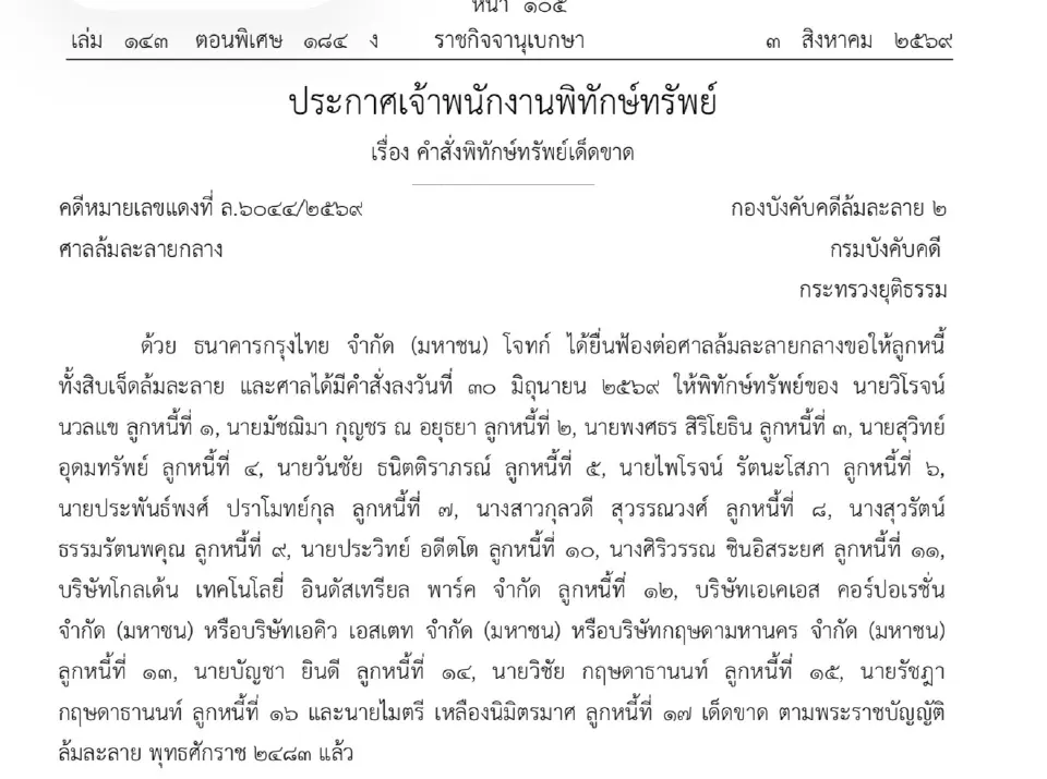 เว็บไซต์ราชกิจจานุเบกษา ได้เผยแพร่ ประกาศเจ้าพนักงานพิทักษ์ทรัพย์ เรื่อง คำสั่งพิทักษ์ทรัพย์เด็ดขาด ในคดีหมายเลขแดงที่ ล.6044/2569 ของศาลล้มละลายกลาง กรมบังคับคดี กระทรวงยุติธรรม