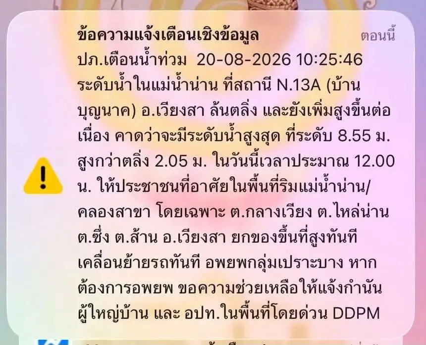 ปภ. แจ้งเตือนระดับน้ำในแม่น้ำน่าน ที่สถานี N.13A (บ้านบุญนาค) อ.เวียงสา ล้นตลิ่ง และยังเพิ่มสูงขึ้นต่อเนื่อง 
