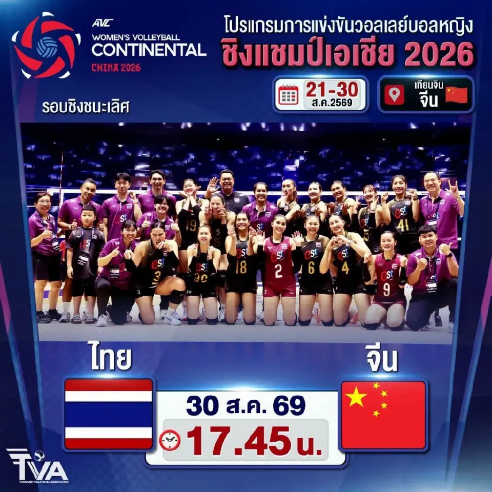 ลิงค์ดูฟรี ถ่ายทอดสด "ไทย พบ จีน" ศึกวอลเลย์บอลหญิงชิงแชมป์เอเชีย นัดชิง 17.45 น.ดูสด Monomax Sports TV