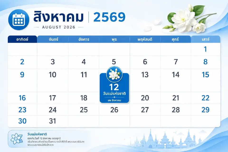 กางปฏิทินวันหยุดธนาคาร-วันหยุดราชการ เดือนสิงหาคม 2569