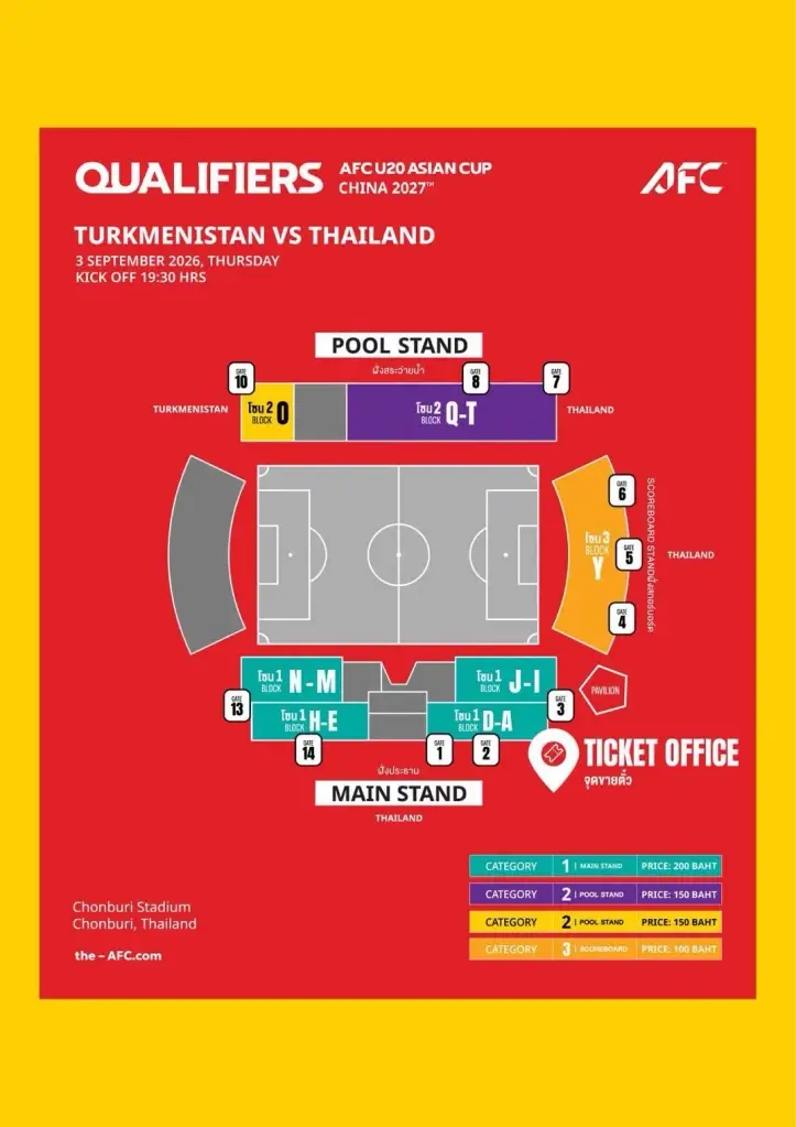 ผังที่นั่ง ทีมชาติไทย U20 สู้ศึกชิงแชมป์เอเชีย 2027 