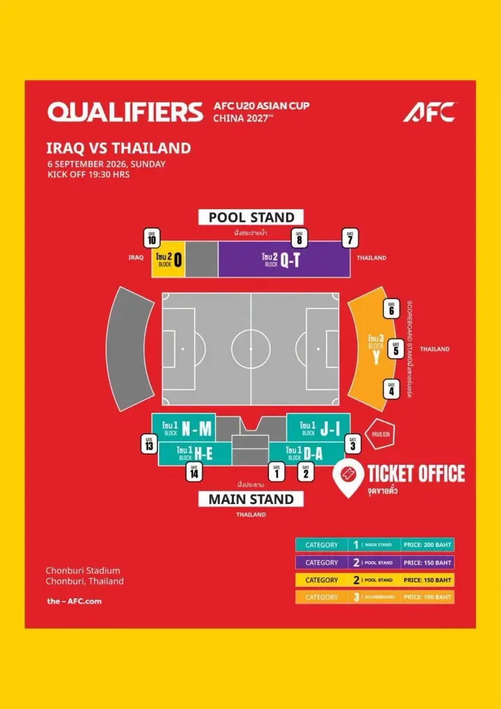 ผังที่นั่ง ทีมชาติไทย U20 สู้ศึกชิงแชมป์เอเชีย 2027 