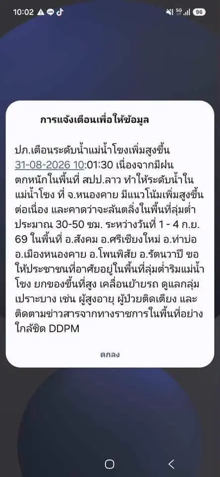 เตือนหนองคาย แม่น้ำโขงล้นตลิ่ง 1-4 ก.ย.69 เสี่ยงท่วมฉับพลัน แนะยกของขึ้นที่สูง
