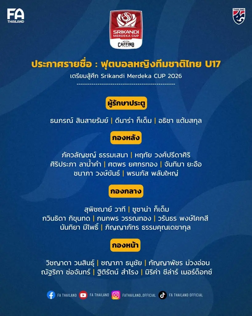 รายชื่อ 23 นักฟุตบอลหญิงทีมชาติไทย U17 ในชุดทำศึก Srikandi Merdeka CUP 2026 