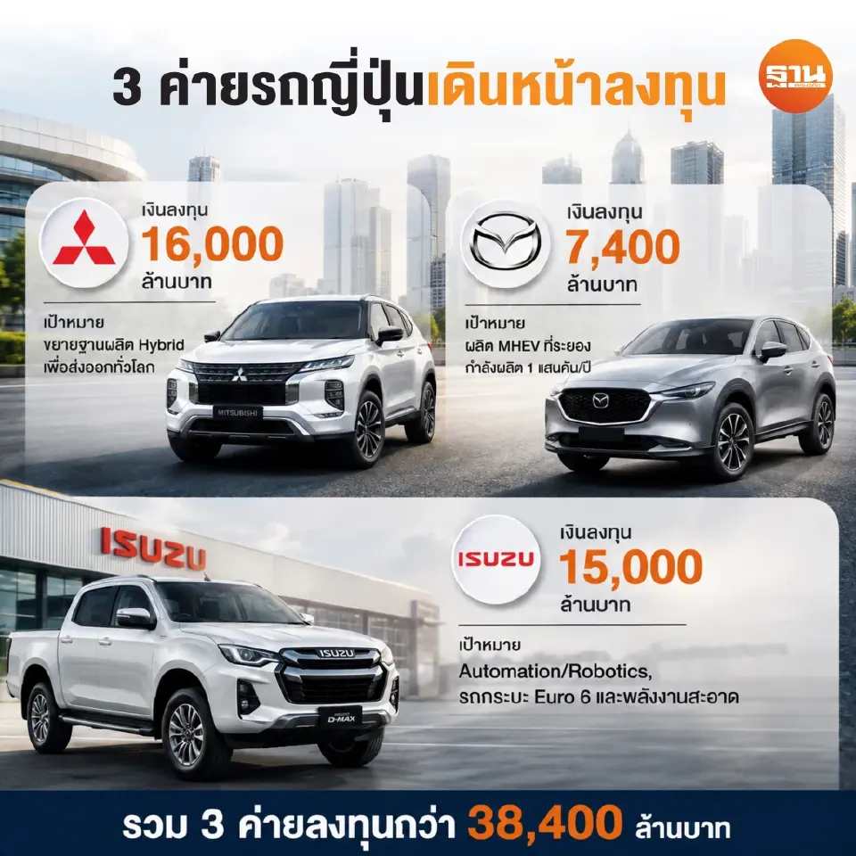 ทุนญี่ปุ่นยันไม่ทิ้งไทย เร่งฐานผลิตรับเทคโนโลยีใหม่ 'มิตซูฯ มาสด้า อีซูซุ' เร่งลงทุน 3.8 หมื่นล้าน