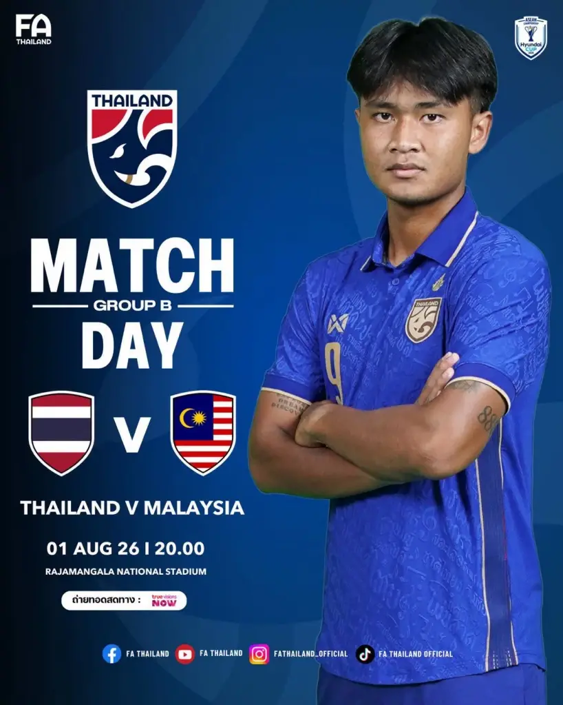 ถ่ายทอดสด ทีมชาติไทย พบ มาเลเซีย ดูบอลสดศึกชิงแชมป์อาเซียน 1 ส.ค. เวลา 20.00 น.