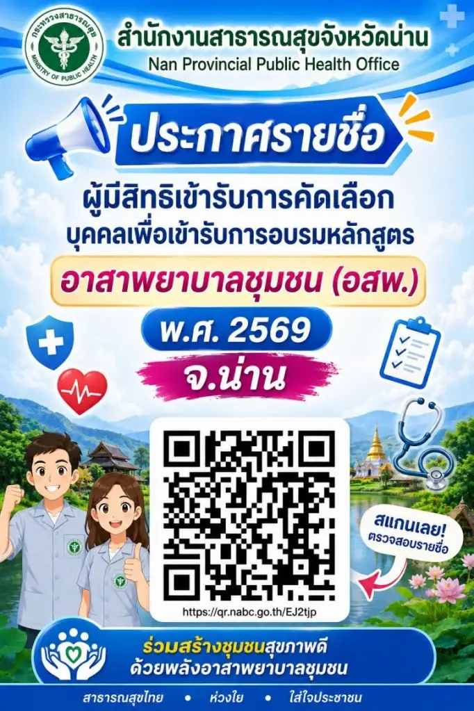 รายชื่อผู้มีสิทธิ์เข้ารับการสัมภาษณ์โครงการ "อาสาพยาบาลชุมชน" (อสพ.) จังหวัดน่าน