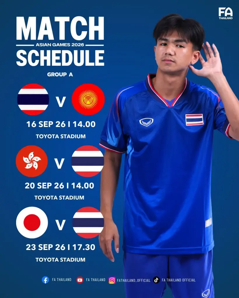 โปรแกรมถ่ายทอดสด ฟุตบอลชายทีมชาติไทย ในรายการเอเชียนเกมส์ Asian Games 2026 เช็กตารางแข่ง ลิงค์ดูบอลสดฟรีช่อง ONE HD31- ไทยรัฐทีวี ช่อง 32 - AIS PLAY