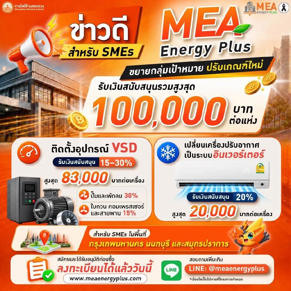 MEA อัดฉีด SMEs สูงสุด 1 แสนบาท หนุนติด VSD - แอร์อินเวอร์เตอร์ ลดค่าไฟ