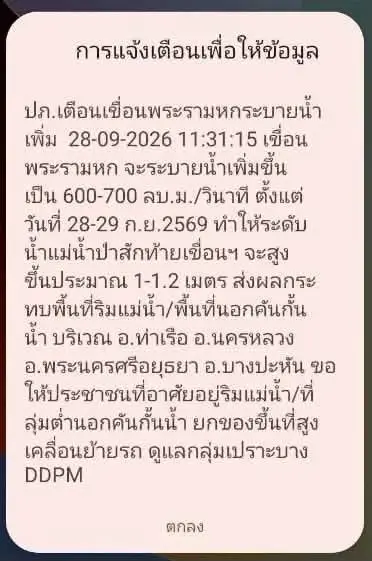 เขื่อนพระราม 6 ระบายน้ำเพิ่ม เตือนอยุธยาเฝ้าระวัง