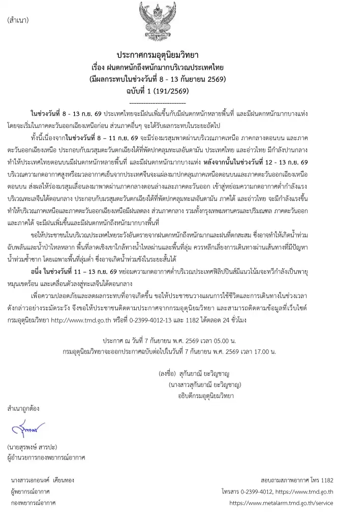 กรมอุตุนิยมวิทยา ประกาศเตือนฉบับที่ 1