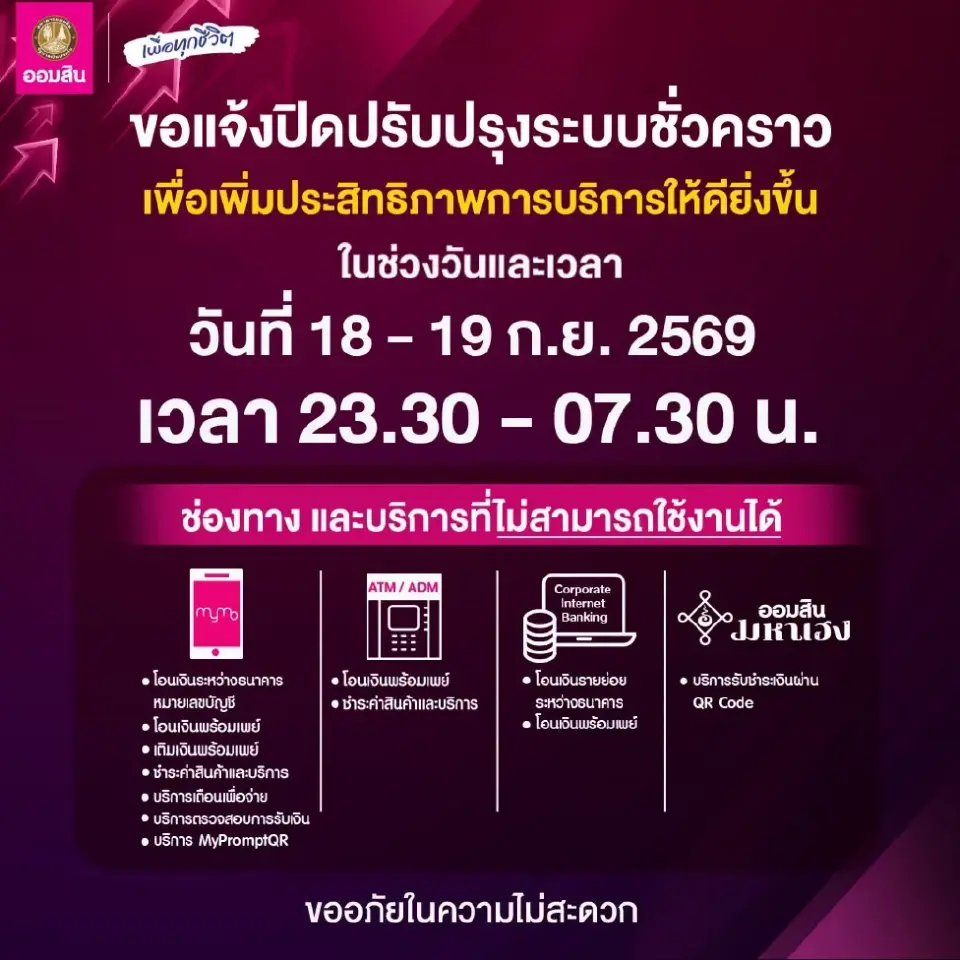 ธนาคารออมสิน แจ้งปิดปรับปรุงระบบชั่วคราวในวันที่ 18 -19 กันยายน 2569