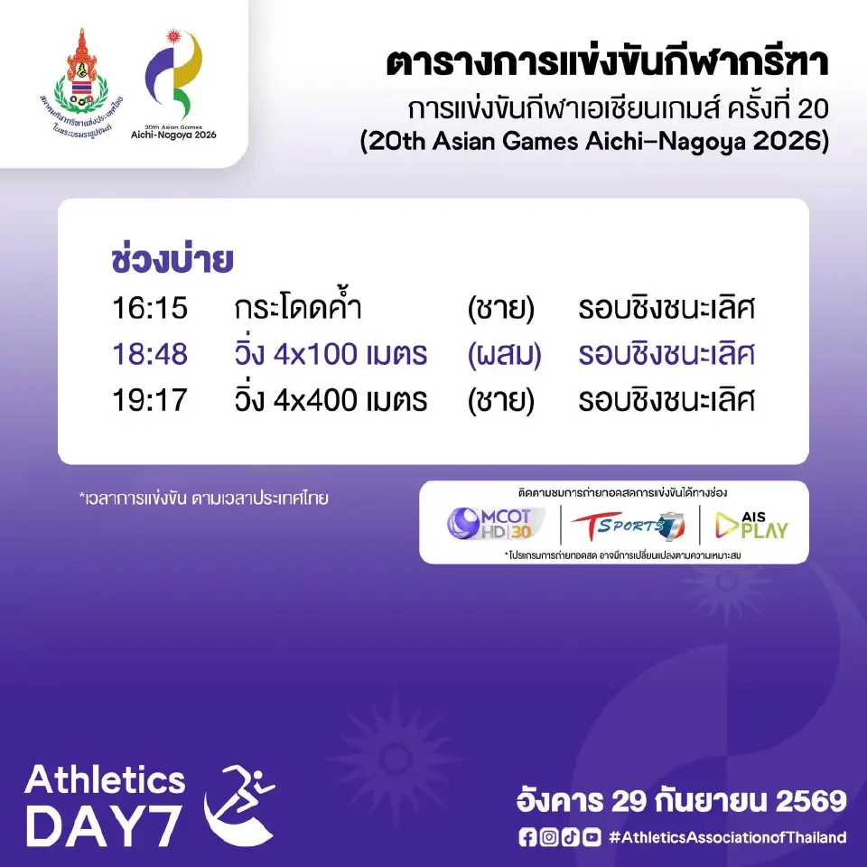 โปรแกรมการแข่งขัน ตารางถ่ายทอดสด ทัพนักกีฬากรีฑาทีมชาติไทย สู้ศึกเอเชียนเกมส์ 2026