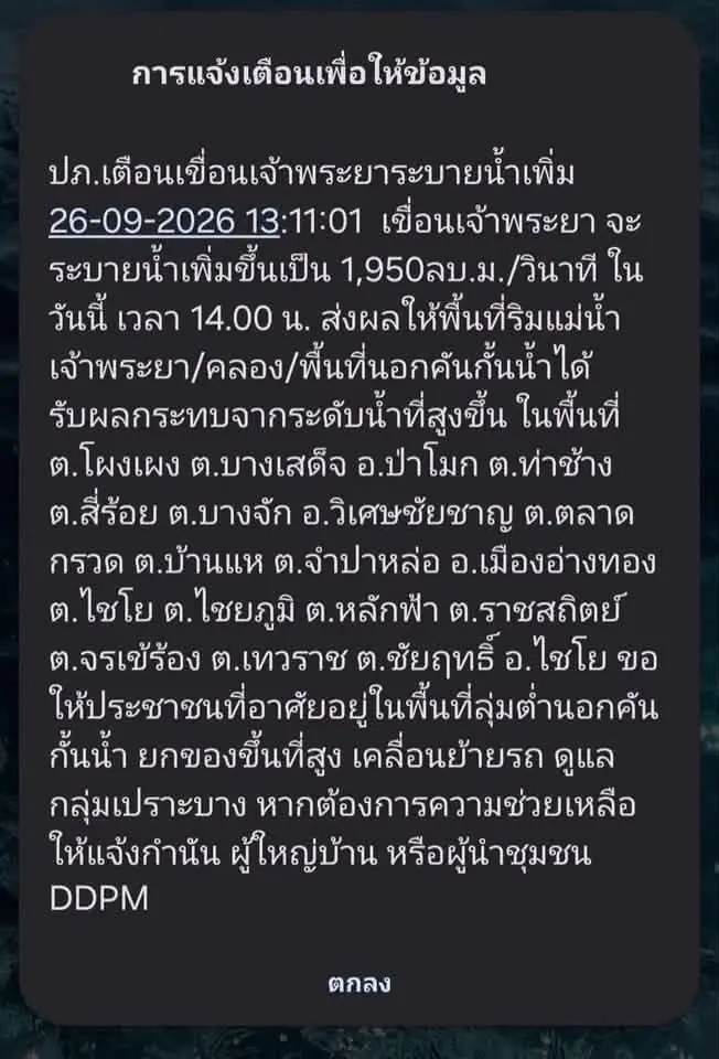 ปภ.เตือน 4 อำเภออ่างทองรับมือน้ำสูง เขื่อนเจ้าพระยาเพิ่มระบายบ่าย 2 วันนี้
