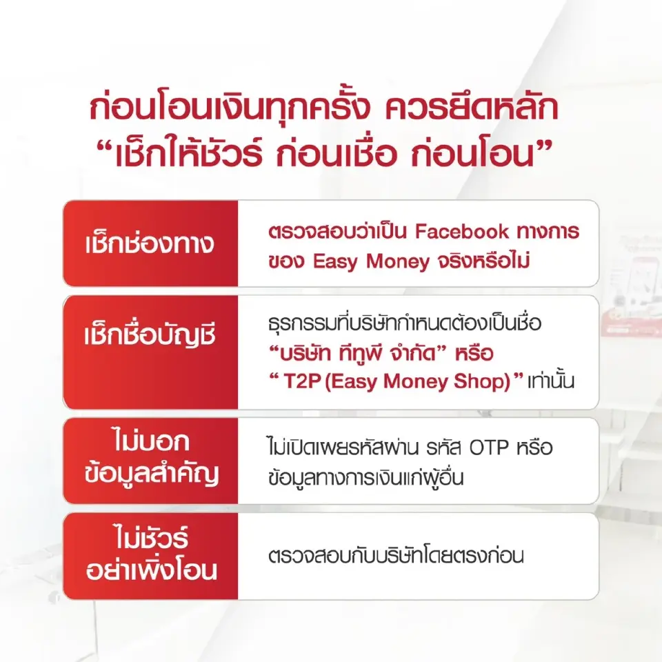 Easy Money เตือนมิจฉาชีพแอบอ้างชื่อ-โลโก้ หลอกโอนเงิน ย้ำเช็กบัญชีก่อนทำธุรกรรม