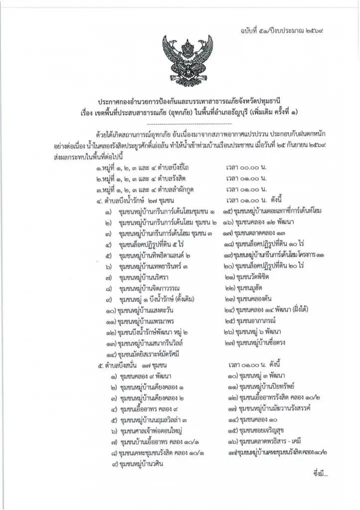 ปทุมธานีประกาศเขตภัยพิบัติเพิ่ม! น้ำคลองรังสิตเอ่อล้น ขยายวงกระทบธัญบุรี