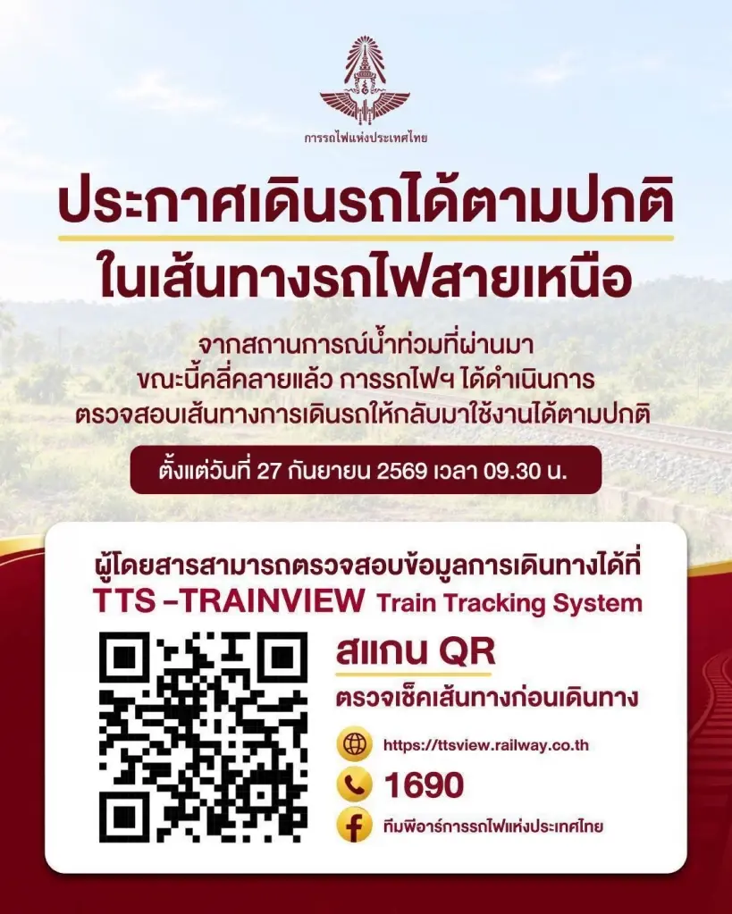 รฟท.เปิดเดินรถสายเหนือปกติ 27 ก.ย. หลังน้ำท่วมคลี่คลาย