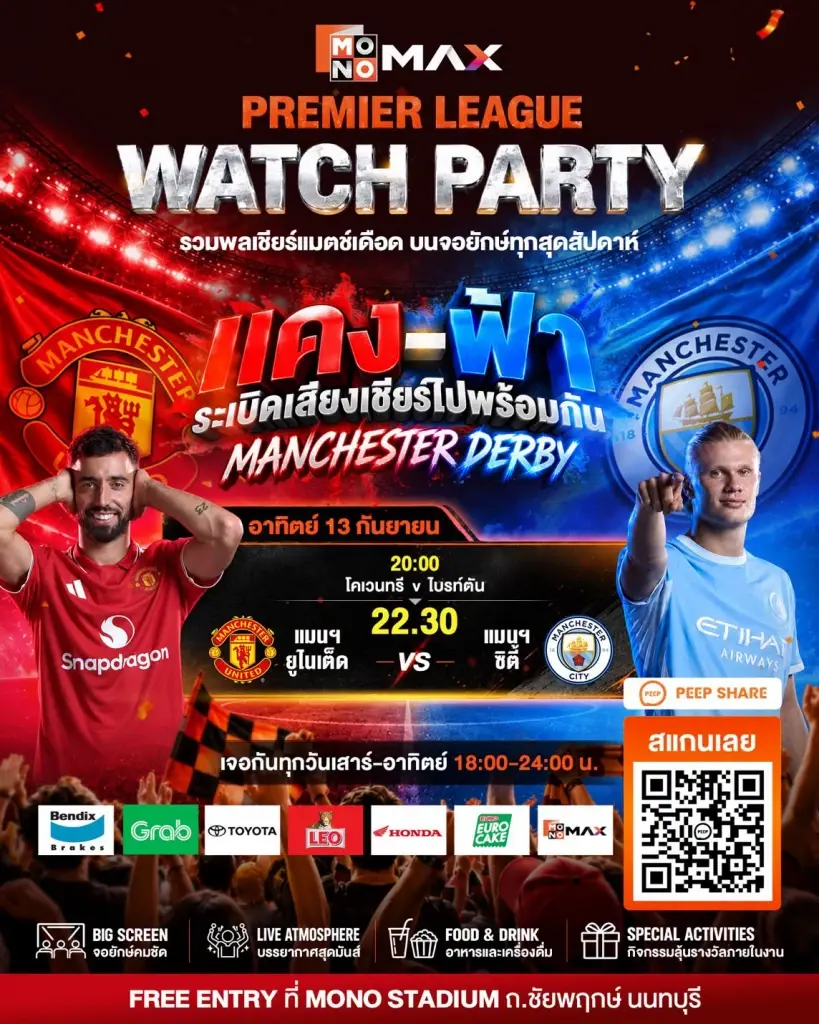แนะจุดดูบอลฟรี ศึกแมนเชสเตอร์ดาร์บี้ แมนฯไนเต็ด VS แมนฯซิตี้