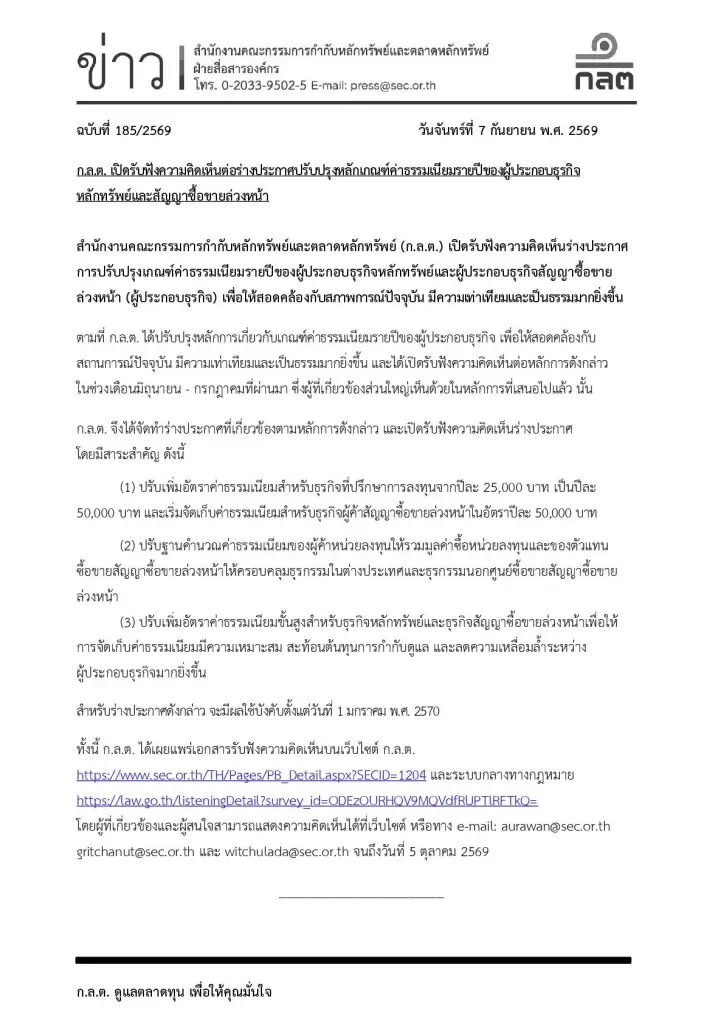 ก.ล.ต. เปิดรับฟังความคิดเห็นต่อร่างประกาศปรับปรุงหลักเกณฑ์ค่าธรรมเนียมรายปีของผู้ประกอบธุรกิจหลักทรัพย์และสัญญาซื้อขายล่วงหน้า